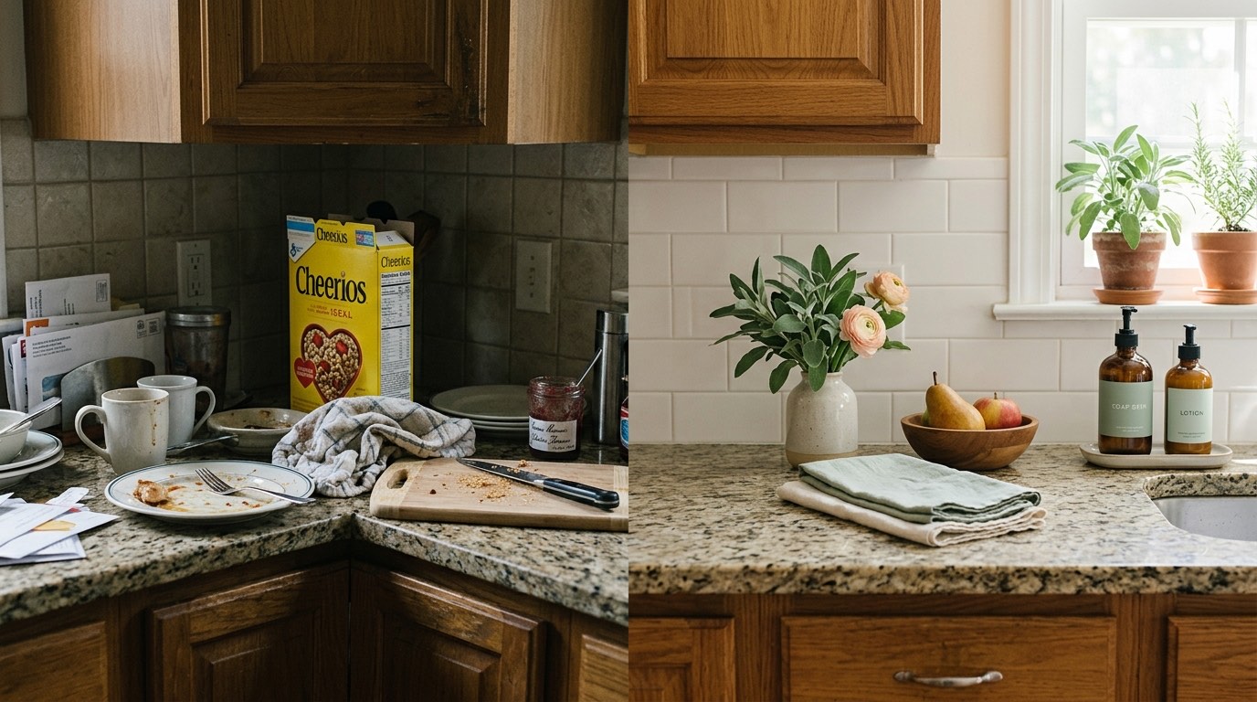 Kitchen counter before and after Bella Casa cleaning