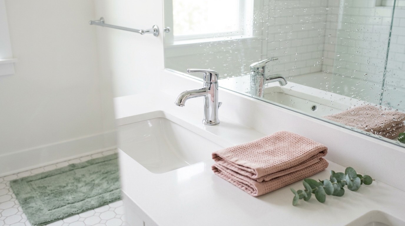 Spotless bright bathroom with folded blush towels