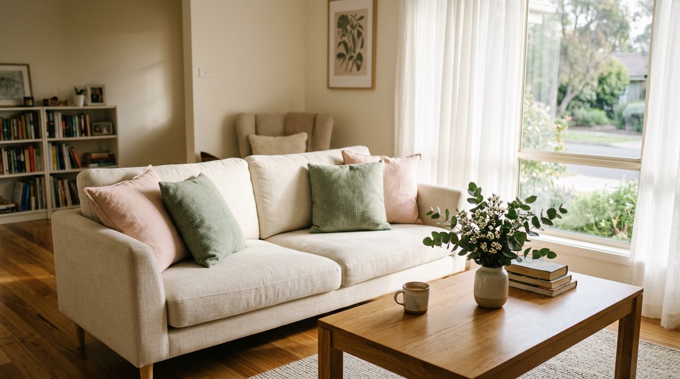 Freshly cleaned sunlit living room with blush and sage accents