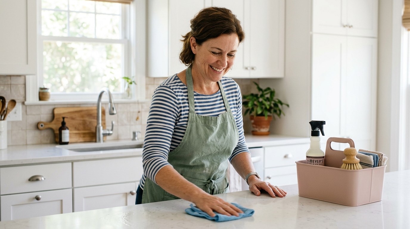 Marlly cleaning a bright kitchen counter