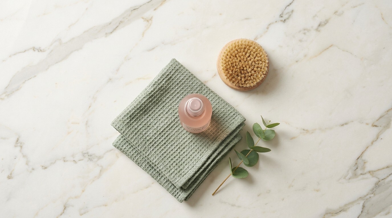 Clean cloths, brush and eucalyptus on marble