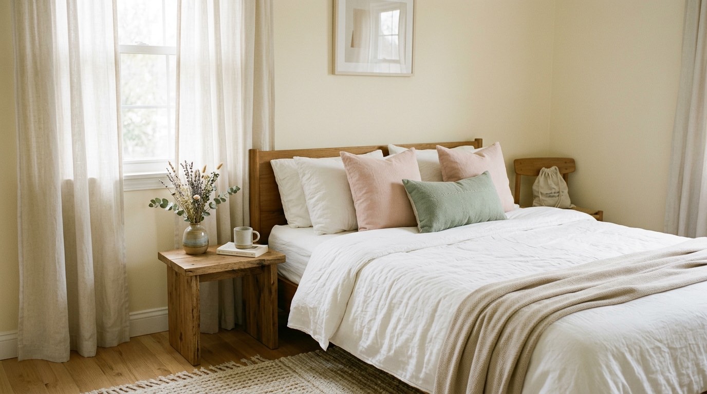 Serene made bed in a cleaned bedroom